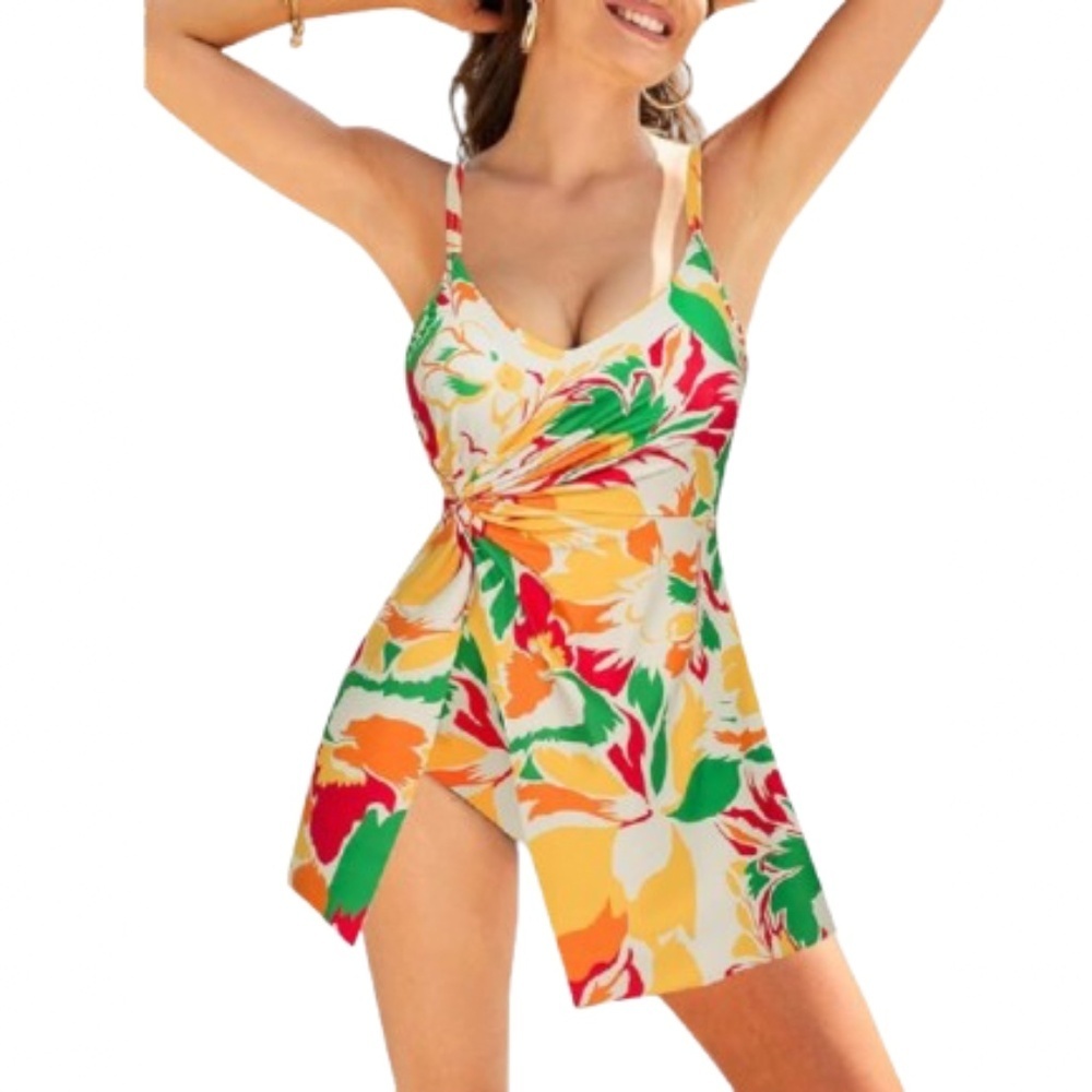 Grace Karin Yellow Floral One-Piece Swim Dress with Green & Red Accents